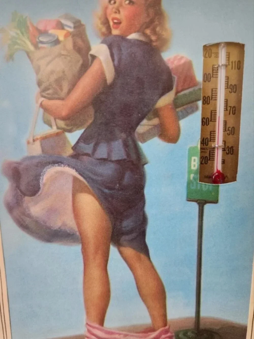 VTG 1955 Pin-Up Girl Calendar Thermometer Valley Cafe Campbell Ohio Peek-A-Boo